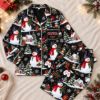Picture of Personalized Blue Christmas Satin Pajamas for Women, Custom Name Snowman Pajama Set, Snowy Village Button Up Sleepwear, Holiday Gift for Her
