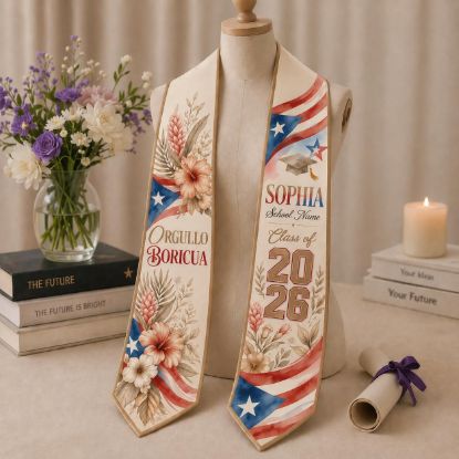 Picture of Personalized Puerto Rican Flag Graduation Stole Satin, Class of 2026 Sash, Custom Name Grad Stole, Hispanic Graduation Gift Graduation Stole