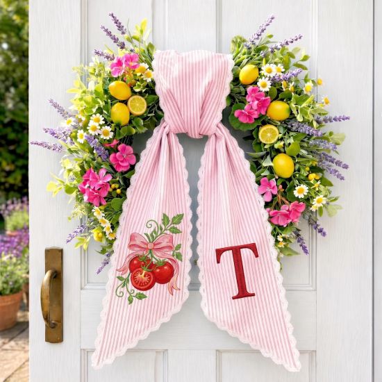 Picture of Tomato Wreath Sash with Scalloped Ricrac Edge, Embroidered Tomato Door Bow, Front Porch Wreath Decor, Garden Lover Home Decor Gift Tomato