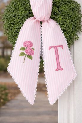 Picture of Pink Hydrangea Wreath Sash with Scalloped Ricrac Edge, Embroidered Door Decor, Front Porch Wreath Bow, Hydrangea Home Decor Gift Flower