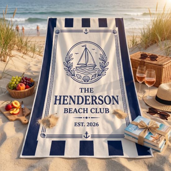 Picture of Personalized Family Beach Towel, Custom Beach Club Towel, Nautical Beach Towel, Coastal Summer Pool Towel, Vacation Gift Family Summer Gift