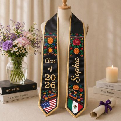 Picture of Personalize Mexican Graduation Stole, Custom Mexican Flag Graduation Sash 2026, Mexico Pattern Stole, Custom Name & School Sash