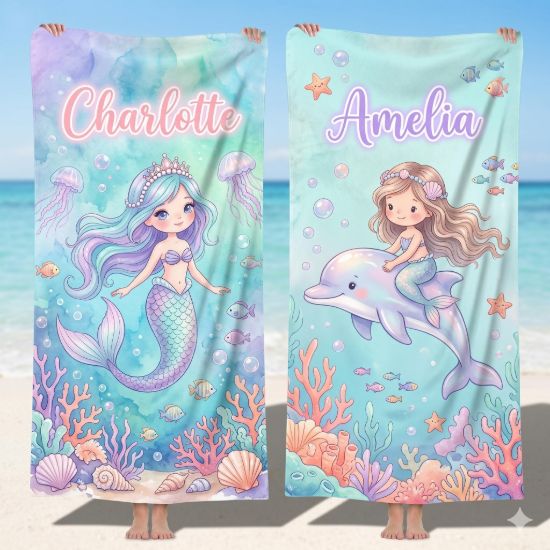 Picture of Personalized Mermaid Beach Towel for Girls, Custom Name Ocean Towel, Cute Mermaid Dolphin Beach Towel, Under the Sea Kids Beach Towel