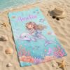 Picture of Personalized Mermaid Beach Towel for Girls, Custom Name Ocean Towel, Cute Mermaid Dolphin Beach Towel, Under the Sea Kids Beach Towel