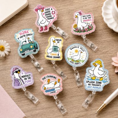 Picture of Funny Goose Badge Reel, Cute Acrylic ID Holder, Silly Animal Badge Clip, Nurse Teacher Office Gift, Goofy Goose Gift, Custom Badge Reel