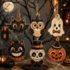 Picture of Halloween Vintage Wood Ornament, Spooky Cat Ghost Pumpkin Skull Hanging Decor, 2D Flat Halloween Tree Ornament, Vintage Rustic Fall Decor