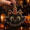 Picture of Halloween Vintage Wood Ornament, Spooky Cat Ghost Pumpkin Skull Hanging Decor, 2D Flat Halloween Tree Ornament, Vintage Rustic Fall Decor