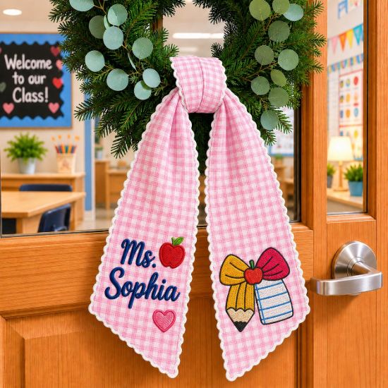 Picture of Personalized Teacher Name Door Wreath, Custom Name Gingham Wreath Sash, Back to School Gift for Teacher, Classroom Decor Ribbon Teacher Gift