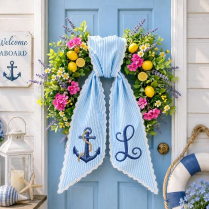 Picture of Personalized Nautical Wreath Sash, Pink Seersucker Door Hanger Bow, Custom Anchor Monogram Wreath Sash, Coastal Summer Front Door Decor Gift