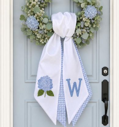 Picture of Summer Hydrangea Wreath Sash, Blue Floral Door Hanger Bow, Personalized Monogram Door Decor, Embroidered Summer Wreath Accent, Summer Sash