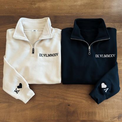 Picture of Embroidered Roman Numeral Quarter Zip Pullover, Gift for Couples, Custom Wedding Date, Personalized Wedding Gift, Anniversary Gift for Her