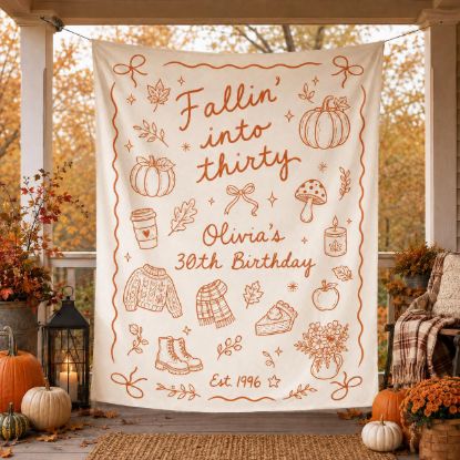 Picture of Fallin Into Thirty Birthday Tapestry, Personalized 30th Birthday Banner, Fall Birthday Backdrop, Autumn Party Decor for Women Fall Banner