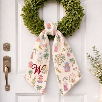 Picture of Personalized Chinoiserie Garden Sash Wreath, Seamless Asian Floral Pattern Door Sash, Custom Name Wreath Bow, Colorful Front Door Decor