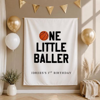 Picture of Personalized First Birthday Banner, One Little Baller Birthday Banner, Basketball 1st Birthday Backdrop, Custom Baby Shower Banner Party