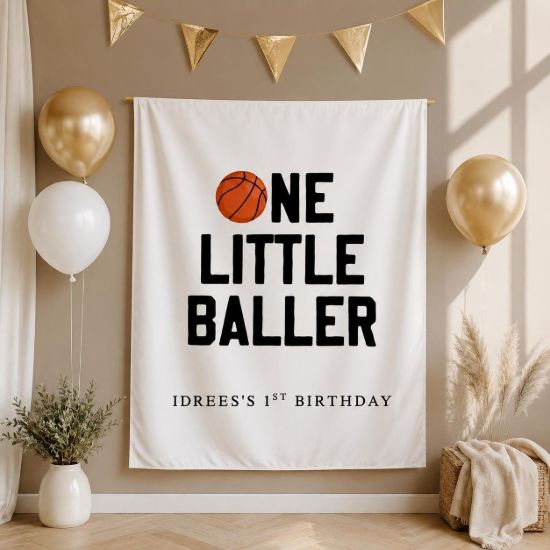 Picture of Personalized First Birthday Banner, One Little Baller Birthday Banner, Basketball 1st Birthday Backdrop, Custom Baby Shower Banner Party