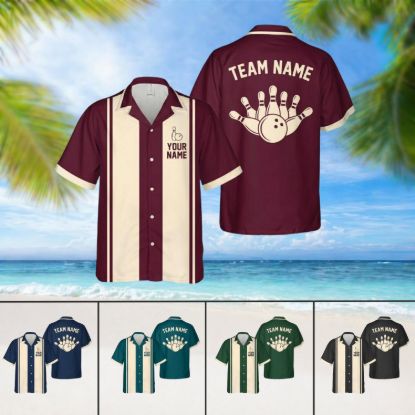 Picture of Personalized Bowling Shirt Custom Name, Retro Hawaiian Bowling Shirt, Team Matching Bowling Shirt, Bowling Gift, Family Bowling Shirt