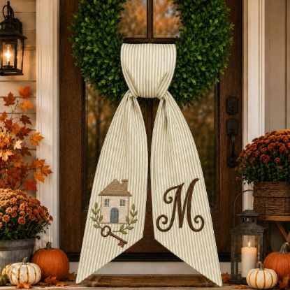 Picture of Personalized House Wreath Bow, Embroidered Housewarming Door Bow, Custom Front Door Wreath Sash, Realtor Closing Gift, Farmhouse Home Decor