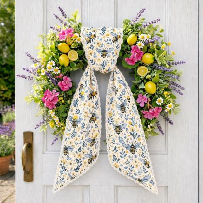 Picture of Bee Wreath Sash with Scalloped Lace Edge, Embroidered Bee Door Bow, Spring Summer Front Door Decor, Farmhouse Wreath Accent Gift