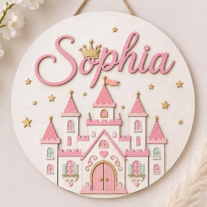 Picture of Personalized Princess Castle Door Sign, Custom Wooden Name Sign for Girls Room, Fairy Tale Nursery Wall Decor, Kids Bedroom Hanging Birthday