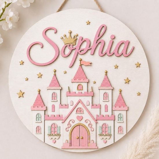 Picture of Personalized Princess Castle Door Sign, Custom Wooden Name Sign for Girls Room, Fairy Tale Nursery Wall Decor, Kids Bedroom Hanging Birthday