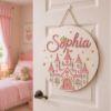Picture of Personalized Princess Castle Door Sign, Custom Wooden Name Sign for Girls Room, Fairy Tale Nursery Wall Decor, Kids Bedroom Hanging Birthday