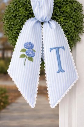 Picture of Hydrangea Wreath Sash with Scalloped Ricrac Edge, Embroidered Door Decor, Front Porch Wreath Bow, Hydrangea Lover Home Decor Gift Flower
