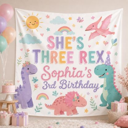 Picture of She's Three Rex Birthday Tapestry, Personalized Dinosaur Birthday Banner, Girl Dino Party Backdrop, Custom 3rd Birthday Decor Girl