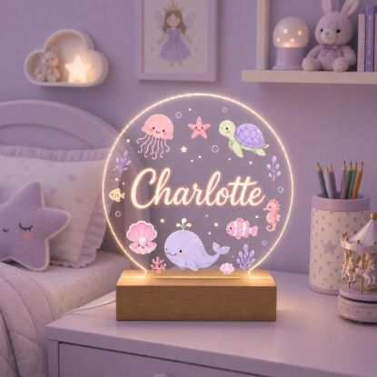 Picture of Personalized Ocean Animal Night Light For Girl, Custom Name LED Acrylic Lamp, Whale Turtle Jellyfish Nursery Decor, Color Changing Kids Lamp