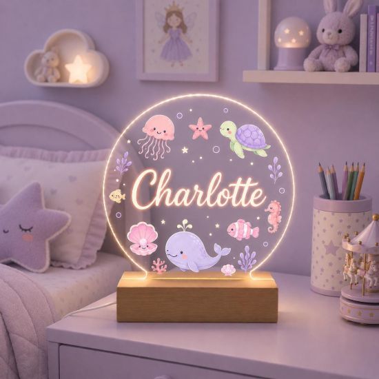 Picture of Personalized Ocean Animal Night Light For Girl, Custom Name LED Acrylic Lamp, Whale Turtle Jellyfish Nursery Decor, Color Changing Kids Lamp
