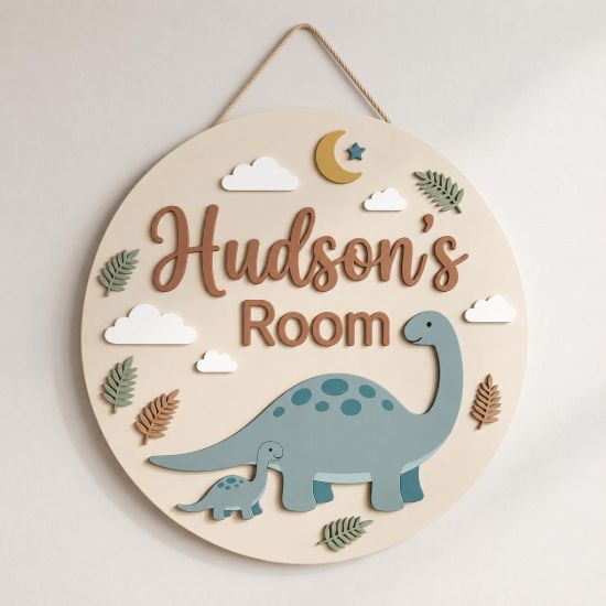 Picture of Personalized Dinosaur Name Sign, Custom Kids Room Door Hanger, Dino Nursery Wall Decor, Boys Bedroom Decor, Round Wood Sign, Baby Gift Dino