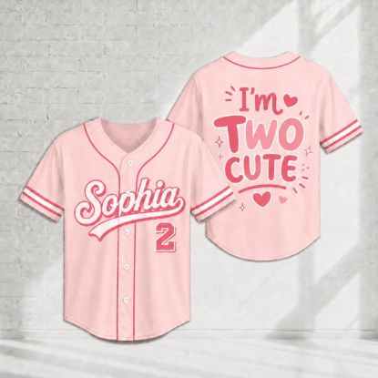 Picture of Personalized Two Cute Birthday Jersey, Custom Name Number Pink Baseball Shirt, Girls 2nd Birthday Outfit, Toddler Party Top, Birthday Girl
