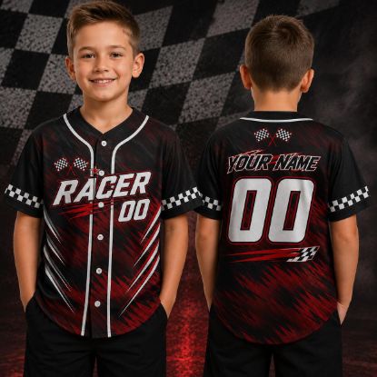 Picture of Custom Racing Baseball Jersey, Personalized Name Number Racer Shirt, Kids Race Car Birthday Outfit, Checkered Flag Motorsport Gift for Boy