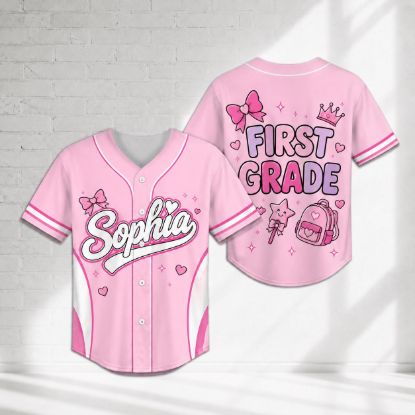 Picture of Personalized Back To School Jersey, Custom First Grade Shirt, Pink Girls Baseball Jersey, First Day of School Outfit, Name Shirt For Girl