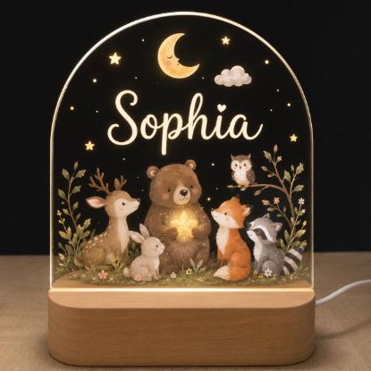 Picture of Personalized Woodland Animal Night Light, Custom Name LED Acrylic Lamp, Forest Nursery Decor, Baby Night Light, Woodland Baby Shower Gift