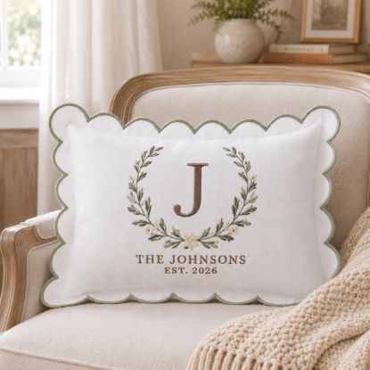 Picture of Personalized Family Name Pillow, Custom Monogram Throw Pillow, Scalloped Accent Cushion, Housewarming Gift, Wedding Gift Decor New Home