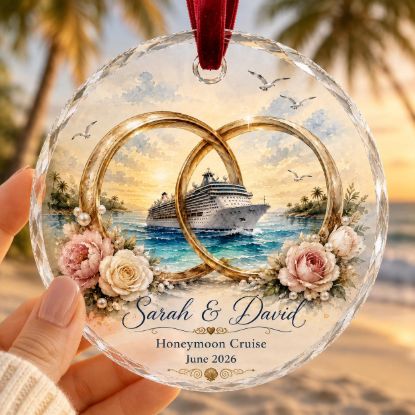 Picture of Personalized Honeymoon Cruise Ornament, Custom Newlywed Christmas Keepsake, Wedding Rings Cruise Gift, Couple Vacation Ornament, Beach Decor