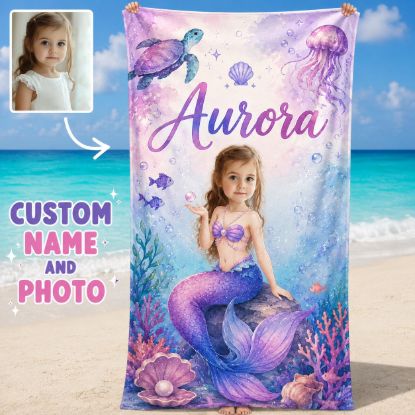 Picture of Personalized Mermaid Beach Towel for Kid, Custom Name and Photo Towel, Purple Ocean Mermaid Bath Towel, Girls Summer Beach Gift, Custom Face