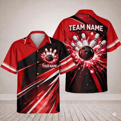 Picture of Personalized Bowling Shirt Custom Name, Retro Hawaiian Bowling Shirt, Team Matching Bowler Shirt, Bowling Lover Gift, Bowling Family Shirt