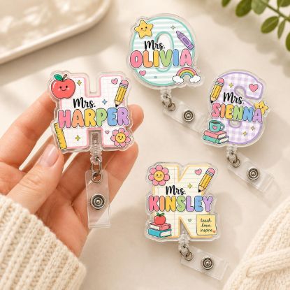 Picture of Personalized Teacher Badge Reel, Custom Acrylic Name Badge Holder, Cute Teacher ID Badge Clip, Back to School Teacher Gift, Teacher Gift
