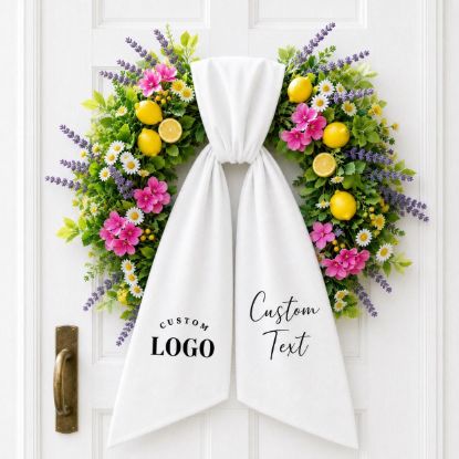 Picture of Custom Wreath Sash with Logo and Text, Personalized White Door Bow, Business Logo Wreath Ribbon, Spring Summer Lemon Front Door Decor