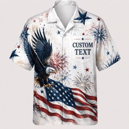 Picture of Custom Patriotic Hawaiian Shirt, Personalized Eagle American Flag Fireworks Button Down, Summer Aloha Shirt, USA Summer Gift for Men