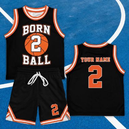 Picture of Personalized Kids Basketball Uniform Set, Born 2 Ball Birthday Outfit, Custom Name Number Jersey and Shorts, Toddler Sports Party Outfit