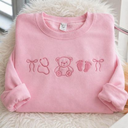 Picture of Embroidered NICU Nurse Sweatshirt, NICU Rn Coquette Bows Shirt, Neonatal Nurse, Neonatal ICU Shirt, Nurse Appreciation, Rn Nurse Shirt Gift