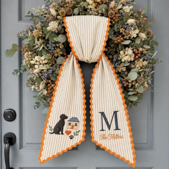 Picture of Personalized Fall Family Sash, Dog & Home Embroidered Monogram Sash, Dog Embroidered Sash Wreath, Pet Lover Housewarming Gift for Family
