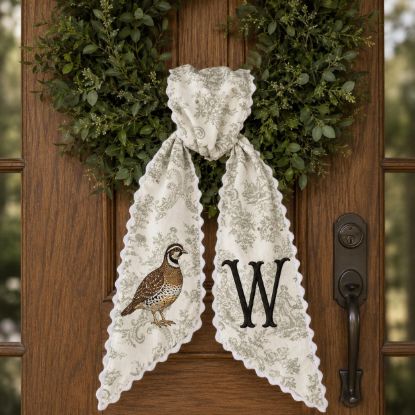 Picture of Personalized Quail Wreath Sash, Quail Hunting Monogram Sash, Custom Initial Bird Wreath Bow, Fall Thanksgiving Sash, Farmhouse Hostess Gift