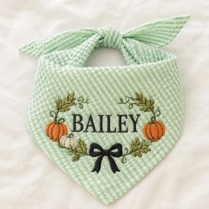 Picture of Personalized Fall Dog Bandana, Pumpkin Dog Bandana, Green Seersucker Dog Bandana, Custom Embroidered Pet Bandana, Autumn Dog Gift Halloween