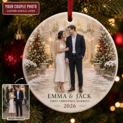 Picture of Personalized Couple Photo Christmas Ornament, First Christmas Married Gift, 2 Layer Ceramic Acrylic Keepsake, Wedding Newlywed Ornament 2026