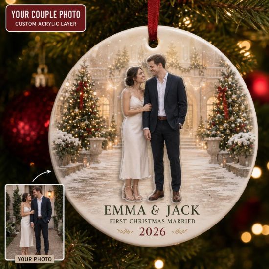 Picture of Personalized Couple Photo Christmas Ornament, First Christmas Married Gift, 2 Layer Ceramic Acrylic Keepsake, Wedding Newlywed Ornament 2026