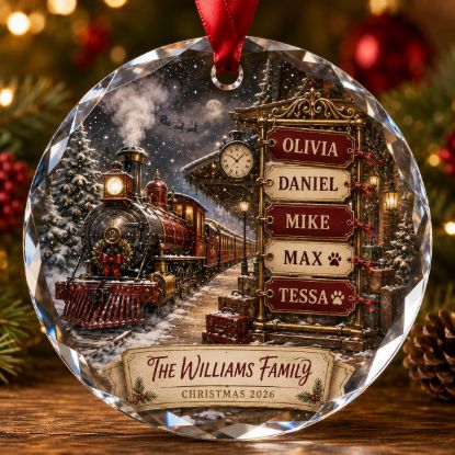 Picture of Personalized Family Train Christmas Glass Ornament, Custom Name Glass Ornament, Pet Family Holiday Keepsake, Christmas Family Decor 2026