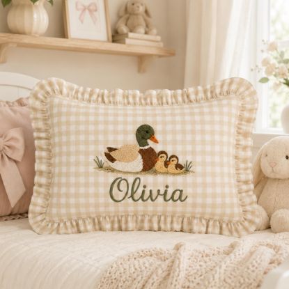 Picture of Personalized Baby Name Duck Ruffle Pillow Case, Embroidered Duck Family Nursery Cushion, Neutral Gingham Decor, Baby Shower Gift